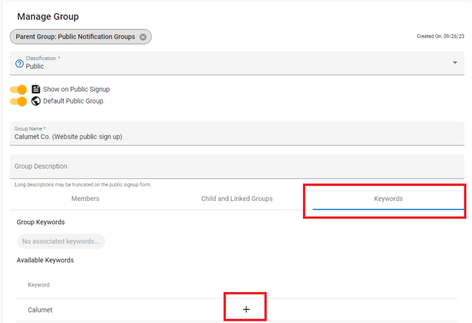 Assign Group Keywords - Manage group
